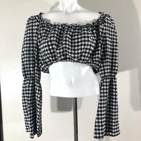 Topshop Gingham Plaid Puff Bell Sleeve Crop Top Plus Size 14 - Picture 4 of 5